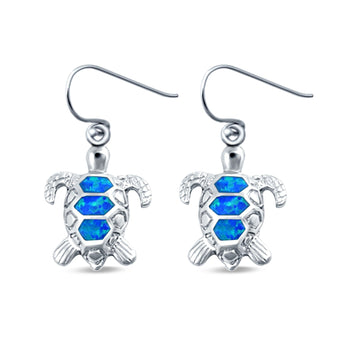 Drop Dangle Turtle Earrings Lab Created Blue Opal 925 Sterling Silver (15mm)